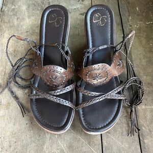 SIZE 10 WOMENS BRAIDED TOGA SANDALS HIGH HEEL DARK BROWN GLADIATOR TIE